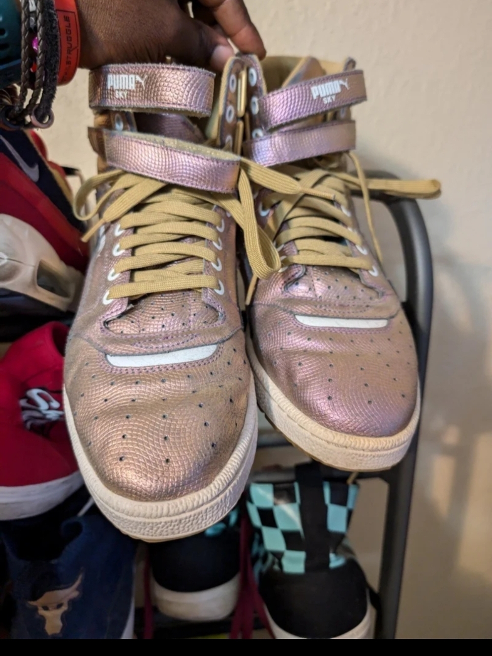 Retro Puma metallic rose high-top sneakers with tan laces